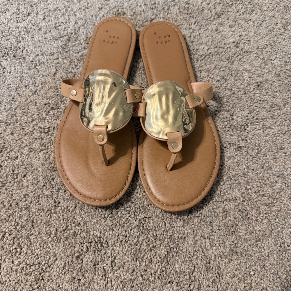 a new day Tan Faux-Leather Sandals with Gold Medallion